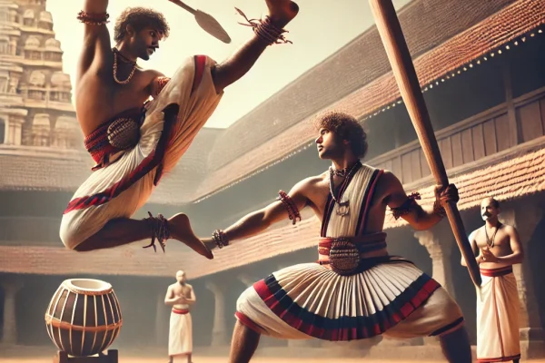 DALL·E 2025-03-15 14.09.52 - A traditional Kalaripayattu martial arts demonstration in progress, featuring two skilled practitioners dressed in traditional Indian warrior attire.