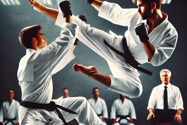 DALL·E 2025-03-15 14.10.57 - A high-energy Karate competition in progress, featuring two skilled martial artists in traditional white gi with black belts. One competitor is execut