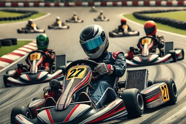 DALL·E 2025-03-15 14.12.10 - A high-speed go-kart racing competition in progress, featuring professional drivers maneuvering powerful karts around a sharp turn on a well-maintaine