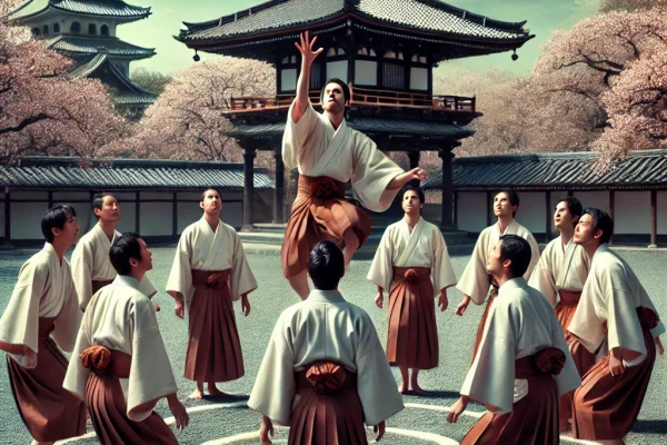DALL·E 2025-03-15 14.13.25 - A traditional Kemari game in progress, featuring players dressed in elegant Heian-period Japanese robes, skillfully keeping a leather ball in the air
