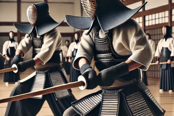 DALL·E 2025-03-15 14.14.46 - A traditional Kendo competition in progress, featuring two skilled martial artists dressed in full Kendo armor (bogu) engaging in combat with bamboo s