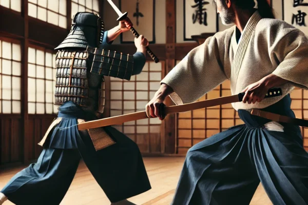 DALL·E 2025-03-15 14.16.06 - A traditional Kenjutsu martial arts demonstration in progress, featuring two skilled samurai practitioners dressed in traditional Japanese training at