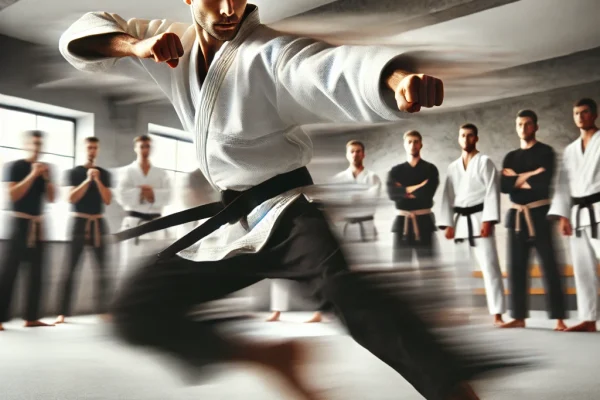 DALL·E 2025-03-15 14.17.16 - A high-energy Kenpo martial arts demonstration in progress, featuring a martial artist executing a rapid sequence of strikes and defensive moves. The