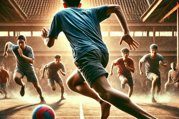 DALL·E 2025-03-15 14.18.22 - A high-energy Kho Kho match in progress, featuring two teams engaged in an intense game. One team is seated in alternating directions while a chaser i
