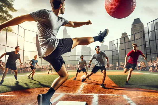 DALL·E 2025-03-15 14.20.22 - A high-energy Kickball game in progress, featuring players on a baseball-style field. One athlete is mid-action, kicking a large red rubber ball while