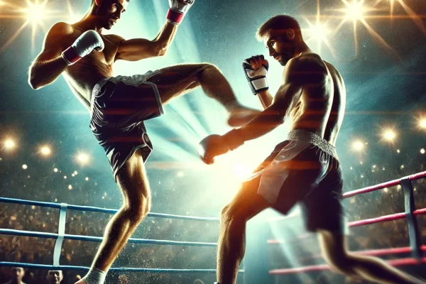 DALL·E 2025-03-15 14.21.31 - A high-energy Kickboxing match in progress, featuring two skilled fighters in a professional ring. One athlete is executing a powerful kick while the