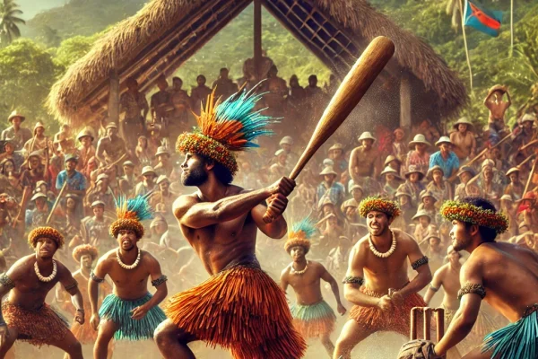DALL·E 2025-03-15 14.22.48 - A traditional Kilikiti match in progress, featuring players dressed in colorful Polynesian attire on an open field. One batter is swinging a handmade