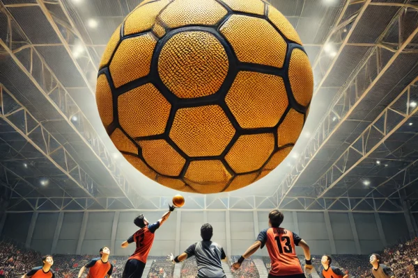 DALL·E 2025-03-15 14.24.30 - A high-energy Kin-Ball match in progress, featuring three teams playing with a massive 1.22-meter diameter ball. One team is serving the ball while an