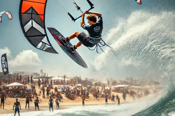 DALL·E 2025-03-15 14.25.45 - A high-energy Kitesurfing competition in progress, featuring a professional athlete soaring above the waves while controlling a large kite. The surfer