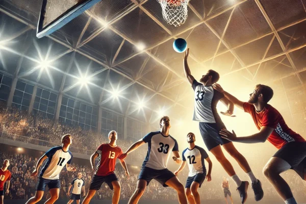 DALL·E 2025-03-15 14.26.50 - A high-energy Korfball match in progress, featuring mixed-gender teams competing in an intense game. One player is making a precise shot towards the t