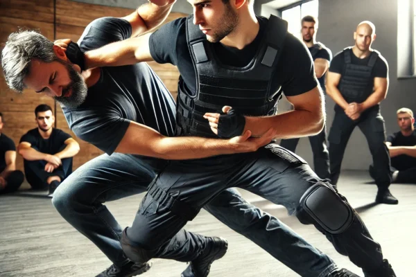 DALL·E 2025-03-15 14.28.29 - A high-energy Krav Maga self-defense demonstration in progress, featuring two martial artists engaged in a realistic combat scenario. One practitioner