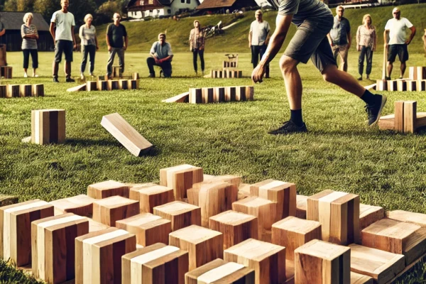 DALL·E 2025-03-15 14.29.57 - A traditional Kubb game in progress, featuring players on a grassy field strategically throwing wooden batons to knock down standing wooden blocks (ku