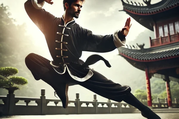 DALL·E 2025-03-15 14.31.31 - A high-energy Kung Fu demonstration in progress, featuring a martial artist in traditional Chinese attire executing a powerful stance with precise han