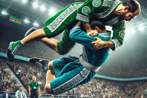 DALL·E 2025-03-15 14.32.40 - A high-energy Kurash wrestling match in progress, featuring two athletes dressed in traditional green and blue yakhtak jackets. One competitor is exec