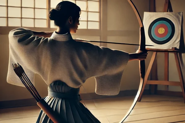 DALL·E 2025-03-15 14.33.49 - A traditional Kyudo archery practice in progress, featuring a Japanese archer dressed in traditional Kyudo attire, gracefully drawing a long yumi bow