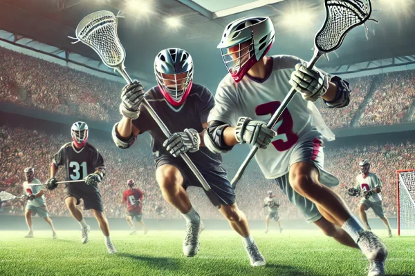 DALL·E 2025-03-15 14.36.50 - A high-energy Lacrosse match in progress, featuring two teams competing on a professional field. One player is sprinting forward, skillfully maneuveri