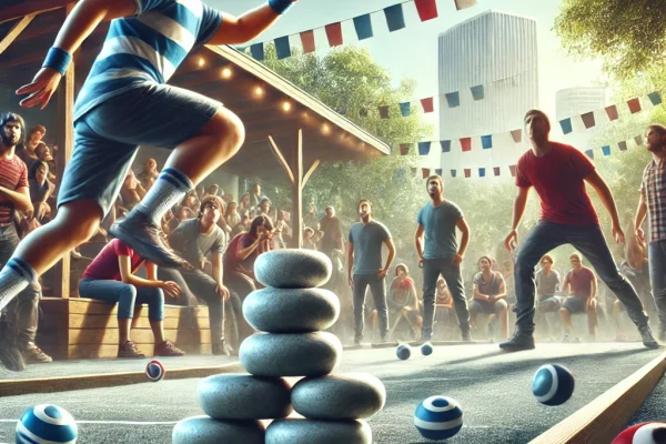 DALL·E 2025-03-15 14.46.55 - A high-energy Lagori (Seven Stones) game in progress, featuring two teams playing in an outdoor setting. One player is throwing a ball to knock down a