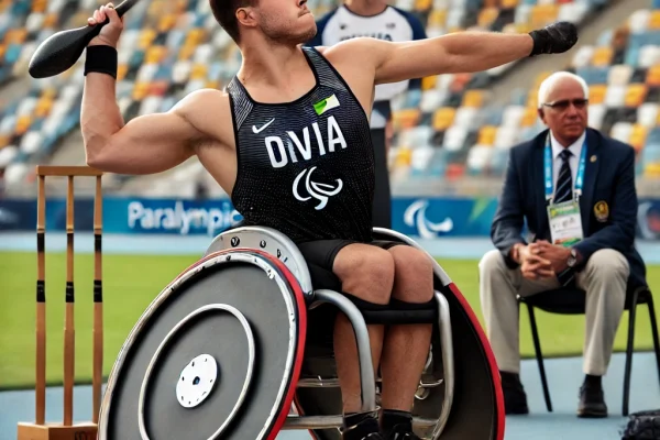 DALL·E 2025-03-15 14.48.14 - A professional Club Throw (Lançamento de Club) competition in progress, featuring a Paralympic athlete seated in a specialized chair, preparing to thr