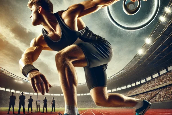 DALL·E 2025-03-15 14.50.55 - A professional Discus Throw (Lançamento de Disco) competition in progress, featuring a powerful athlete in mid-rotation, preparing to launch the discu