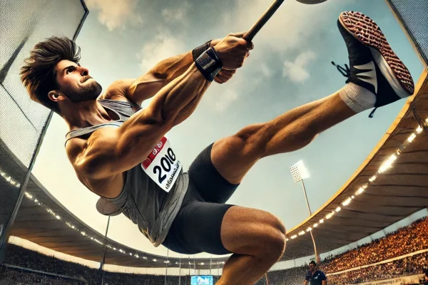 DALL·E 2025-03-15 22.05.11 - A professional Hammer Throw (Lançamento de Martelo) competition in progress, featuring a powerful athlete mid-spin, preparing to launch the heavy hamm