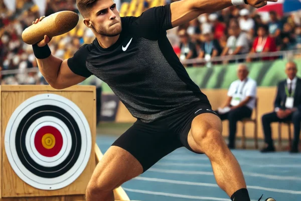 DALL·E 2025-03-15 22.06.15 - A professional Club Throw (Lançamento de Tacos) competition in progress, featuring an athlete executing a powerful throw of a wooden club towards a ma