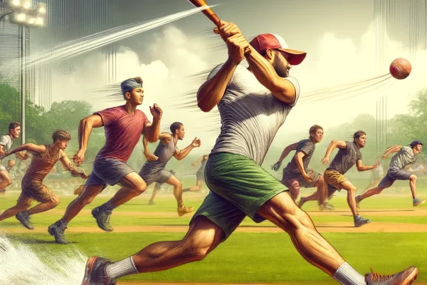 DALL·E 2025-03-15 22.07.24 - A high-energy Lapta match in progress, featuring players on a large outdoor field. One athlete is mid-swing, using a wooden bat to hit a fast-moving b