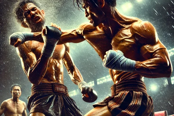 DALL·E 2025-03-15 22.08.17 - A high-intensity Lethwei (Burmese boxing) match in progress, featuring two fighters in a traditional ring. One fighter is executing a powerful elbow s