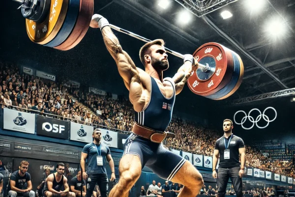 DALL·E 2025-03-15 22.09.16 - A professional Olympic Weightlifting (Levantamento de Peso) competition in progress, featuring a powerful athlete executing a snatch lift. The competi