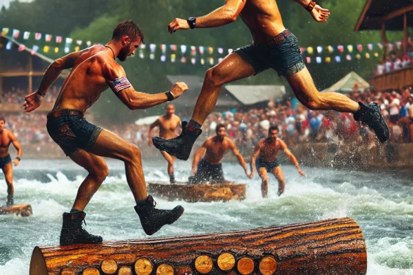 DALL·E 2025-03-15 22.10.09 - A high-energy Logrolling competition in progress, featuring two athletes balancing on a floating log in a river. The competitors are using quick foot