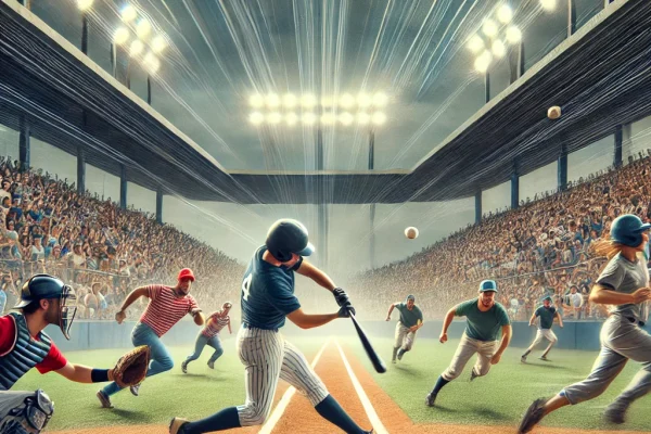 DALL·E 2025-03-15 22.11.10 - A high-energy Longball match in progress, featuring players on a large outdoor field. One athlete is swinging a bat to hit a ball while fielders prepa