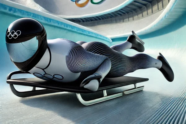 DALL·E 2025-03-15 22.12.05 - A high-speed Luge competition in progress, featuring an athlete racing down an icy track on a sleek sled. The competitor is lying on their back, feet