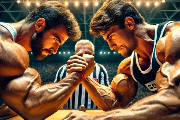 DALL·E 2025-03-15 22.13.01 - A high-energy Arm Wrestling (Luta de Braço) competition in progress, featuring two muscular competitors gripping hands tightly at a professional arm-w