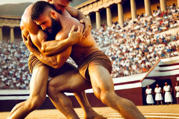 DALL·E 2025-03-15 22.14.04 - A traditional Ancient Greek Wrestling (Luta Grega) match in progress, featuring two muscular athletes engaged in a historical combat style. The compet