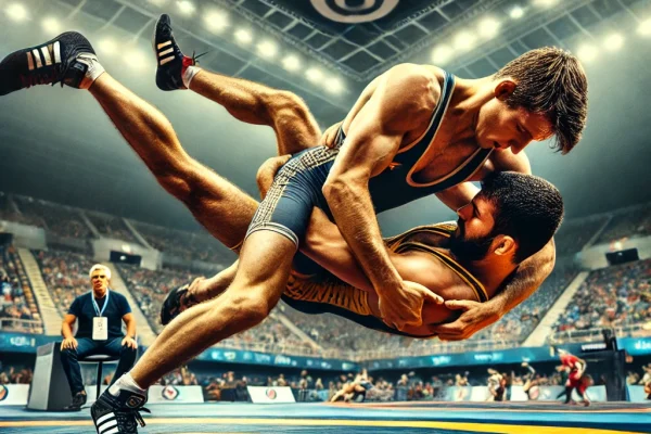 DALL·E 2025-03-15 22.15.21 - A high-energy Freestyle Wrestling (Luta Livre) match in progress, featuring two powerful athletes engaged in a grappling exchange on a professional wr