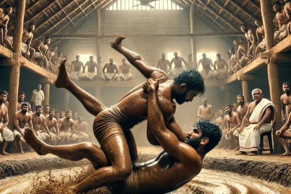 DALL·E 2025-03-15 22.18.02 - A traditional Malla-Yuddha wrestling match in progress, featuring two Indian wrestlers engaged in combat inside an akhara (mud wrestling arena). The f