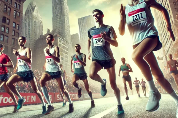 DALL·E 2025-03-15 22.19.01 - A high-energy Marathon race in progress, featuring a group of elite runners sprinting through a scenic city course. The athletes display determination