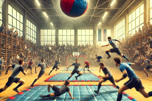 DALL·E 2025-03-15 22.21.08 - A high-energy Matball game in progress, featuring players kicking a large ball and running between bases marked with mats. The defensive team is tryin