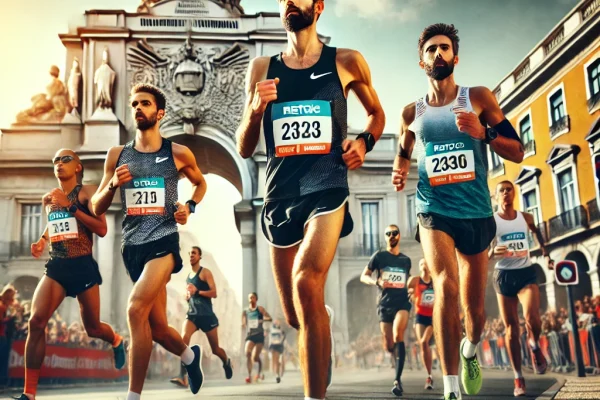 DALL·E 2025-03-15 22.22.18 - A high-energy Half Marathon (Meia-Maratona) race in progress, featuring a group of runners moving through a scenic city route. The athletes display de