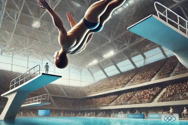 DALL·E 2025-03-15 22.23.33 - A professional Diving (Mergulho) competition in progress, featuring an elite athlete mid-air executing an acrobatic dive from a high platform into a c