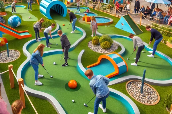 DALL·E 2025-03-15 22.24.37 - A lively Minigolf (Minigolfe) game in progress, featuring players attempting to putt a golf ball through a challenging course with colorful obstacles,