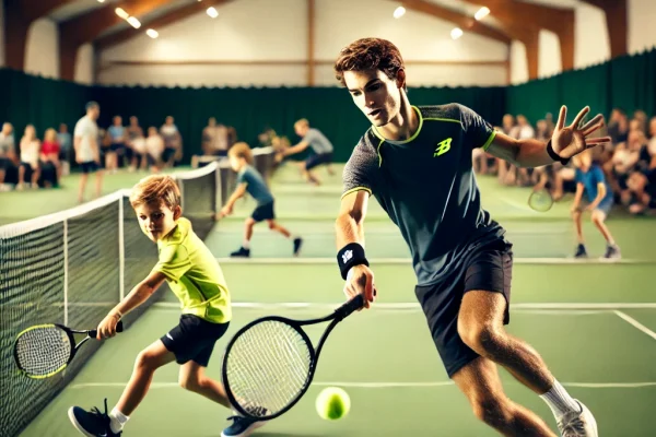 DALL·E 2025-03-15 22.25.50 - A lively Miniten (Mini Tennis) match in progress, featuring two players on a smaller tennis court using compact rackets and soft tennis balls. The ath
