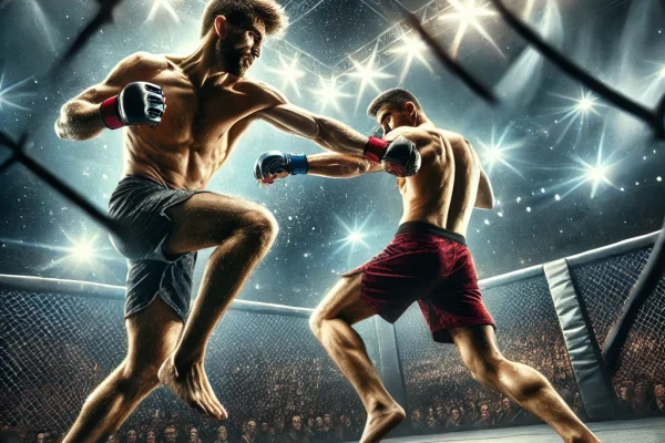DALL·E 2025-03-15 22.26.49 - A high-energy MMA (Mixed Martial Arts) fight in progress, featuring two professional fighters inside an octagon cage. One competitor is executing a po