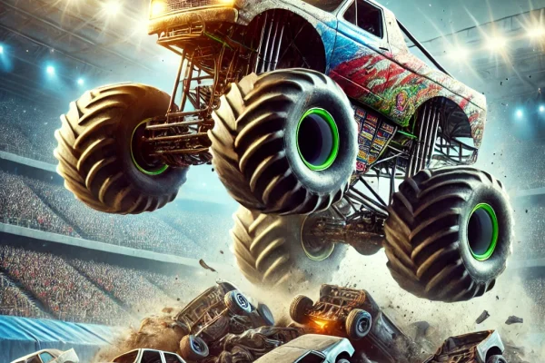 DALL·E 2025-03-15 22.27.49 - A high-energy Monster Truck competition in progress, featuring a massive, colorful Monster Truck soaring through the air after jumping over crushed ca