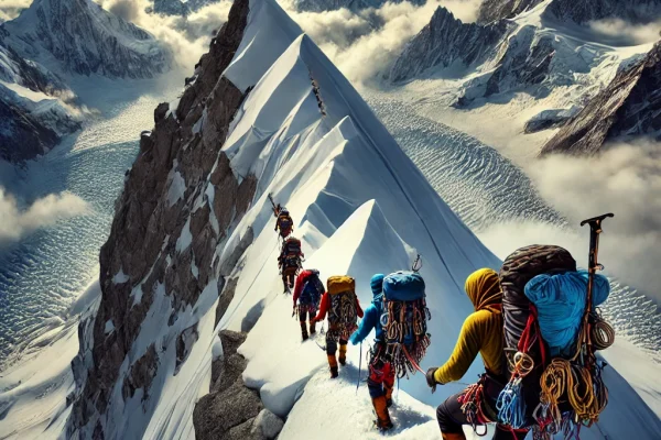 DALL·E 2025-03-15 22.28.42 - A breathtaking mountaineering (Montanhismo) expedition in progress, featuring climbers ascending a steep, snow-covered mountain ridge. The adventurers