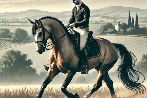 DALL·E 2025-03-15 22.29.37 - A professional horse riding (Montaria) scene featuring a skilled equestrian guiding a powerful horse across an open field. The rider is dressed in tra
