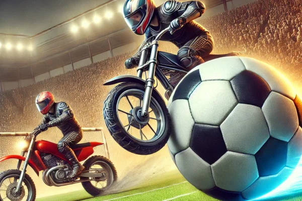 DALL·E 2025-03-15 22.30.29 - A high-energy Motoball match in progress, featuring players riding motorcycles while maneuvering a large football on a field. One player is preparing