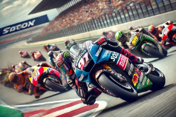 DALL·E 2025-03-15 22.31.25 - A high-speed motorcycle racing (Motociclismo) competition in progress, featuring professional riders leaning into sharp turns on a race track. The mot