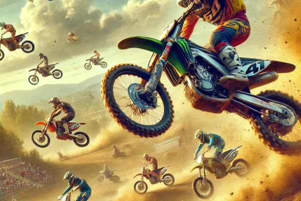 DALL·E 2025-03-15 22.32.23 - A high-energy Motocross race in progress, featuring riders on dirt bikes navigating a rugged off-road track with large jumps and sharp turns. A rider
