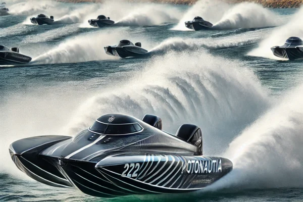 DALL·E 2025-03-15 22.33.17 - A high-speed Powerboat Racing (Motonáutica) competition in progress, featuring sleek, aerodynamic boats speeding across the water, leaving powerful wa