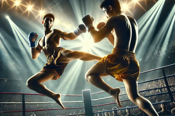 DALL·E 2025-03-15 22.35.17 - A high-energy Muay Thai fight in progress, featuring two professional fighters inside a traditional ring. One competitor is delivering a powerful kick